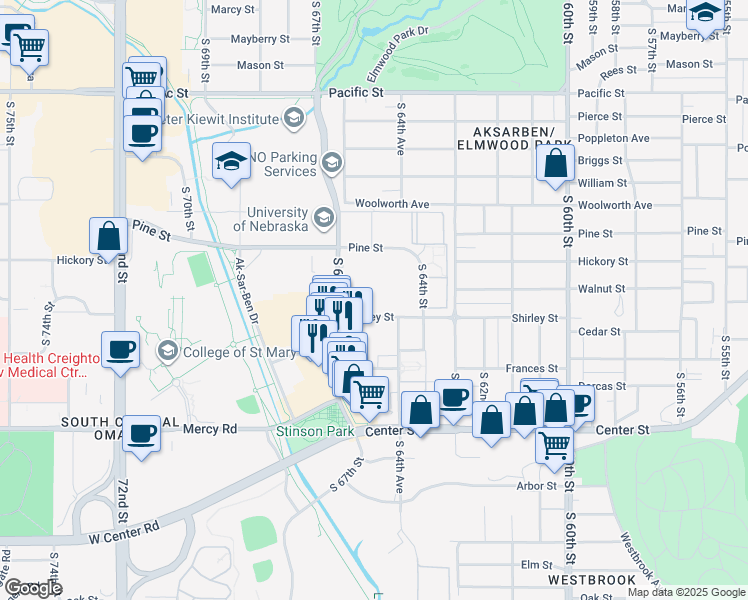 map of restaurants, bars, coffee shops, grocery stores, and more near 6510 Shirley Street in Omaha
