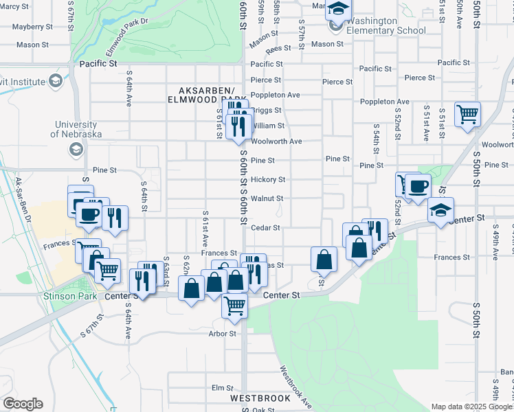 map of restaurants, bars, coffee shops, grocery stores, and more near 1807 South 60th Street in Omaha