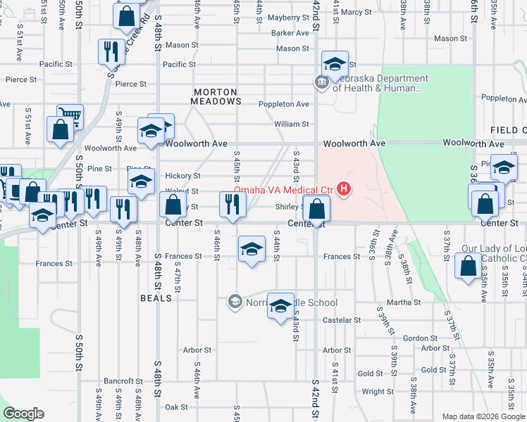 map of restaurants, bars, coffee shops, grocery stores, and more near 4340 Shirley Street in Omaha