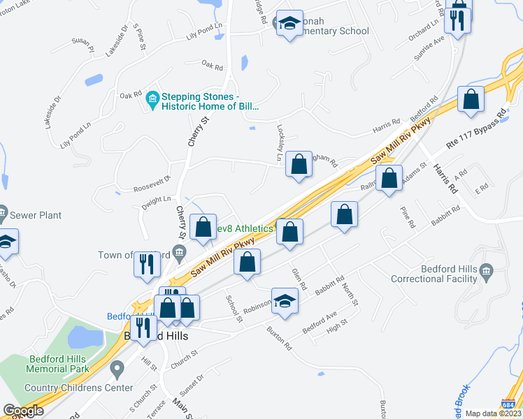 map of restaurants, bars, coffee shops, grocery stores, and more near 243 Bedford Road in Bedford Hills