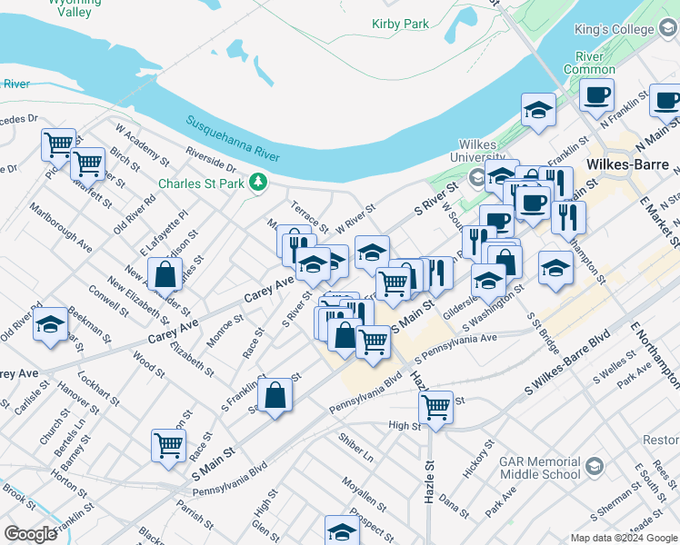 map of restaurants, bars, coffee shops, grocery stores, and more near 374 South River Street in Wilkes-Barre