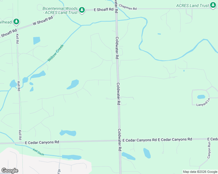 map of restaurants, bars, coffee shops, grocery stores, and more near 17432 Coldwater Road in Huntertown