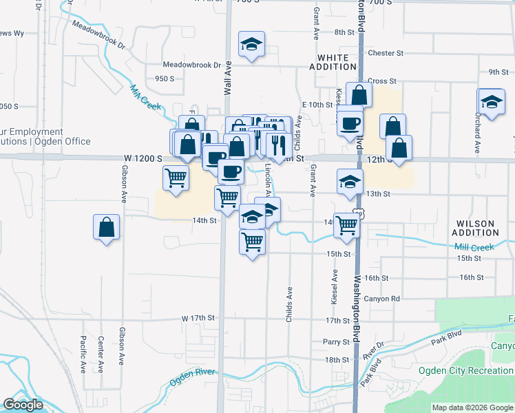 map of restaurants, bars, coffee shops, grocery stores, and more near 1325 Lincoln Avenue in Ogden