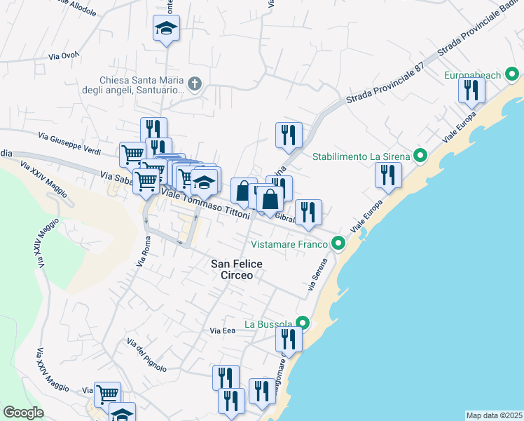 map of restaurants, bars, coffee shops, grocery stores, and more near 13 Via delle Sirene in San Felice Circeo