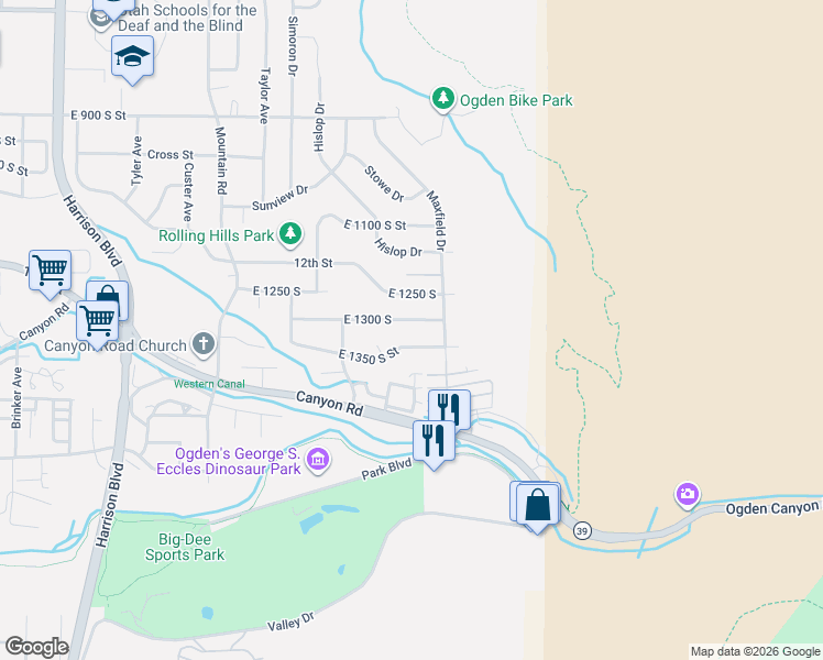 map of restaurants, bars, coffee shops, grocery stores, and more near 1658 East 1300 South in Ogden