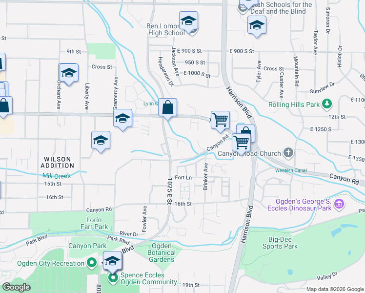 map of restaurants, bars, coffee shops, grocery stores, and more near 1120 Canyon Road in Ogden