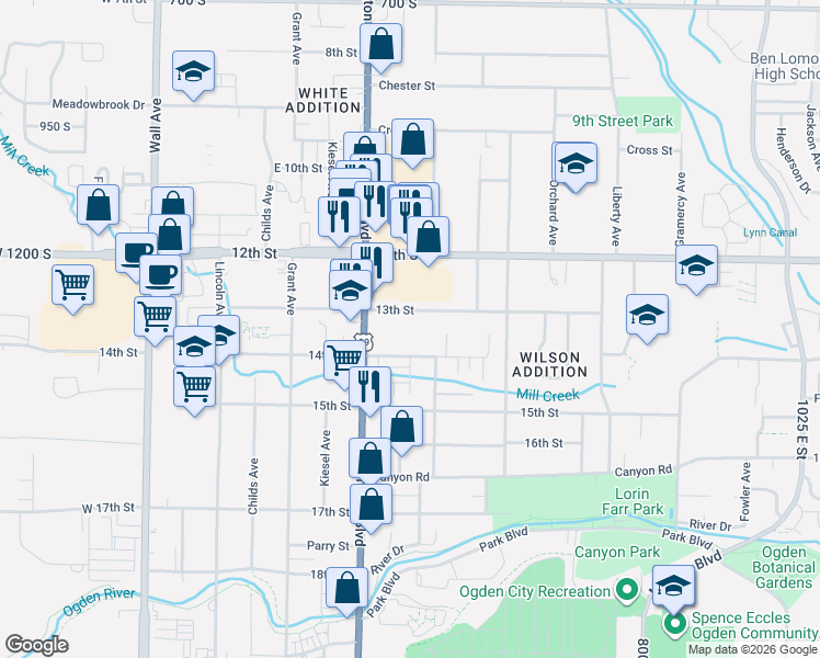 map of restaurants, bars, coffee shops, grocery stores, and more near 485 13th Street in Ogden