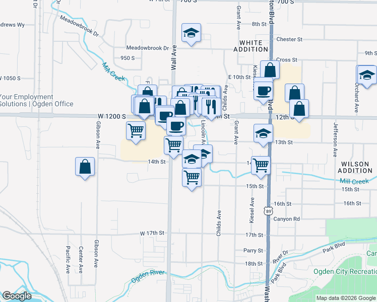map of restaurants, bars, coffee shops, grocery stores, and more near 1325 Lincoln Avenue in Ogden