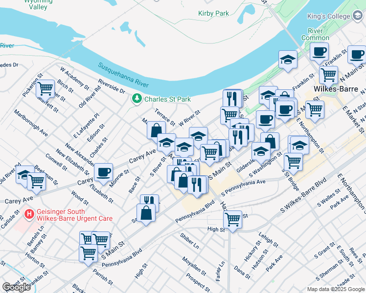 map of restaurants, bars, coffee shops, grocery stores, and more near 352 South River Street in Wilkes-Barre