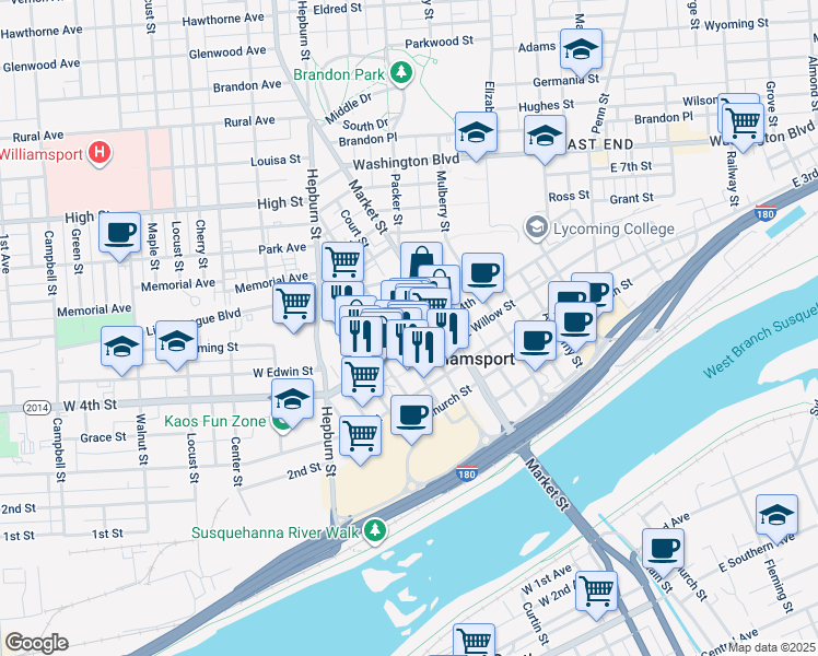map of restaurants, bars, coffee shops, grocery stores, and more near 454 Pine Street in Williamsport