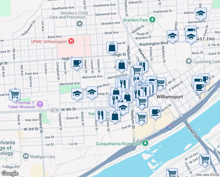 map of restaurants, bars, coffee shops, grocery stores, and more near 450 Little League Boulevard in Williamsport