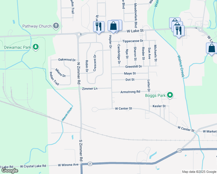 map of restaurants, bars, coffee shops, grocery stores, and more near 623 Hepler Drive in Warsaw