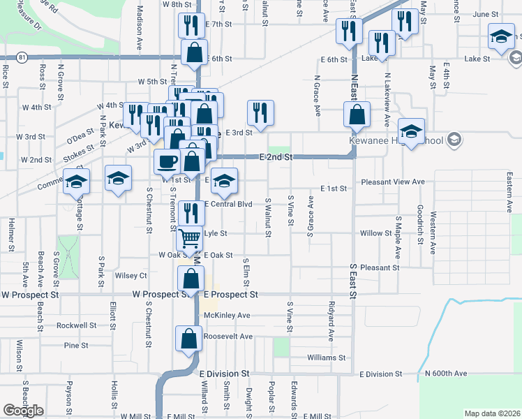 map of restaurants, bars, coffee shops, grocery stores, and more near 400 East Central Boulevard in Kewanee