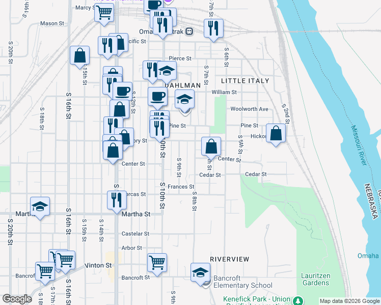map of restaurants, bars, coffee shops, grocery stores, and more near 1713 South 8th Street in Omaha