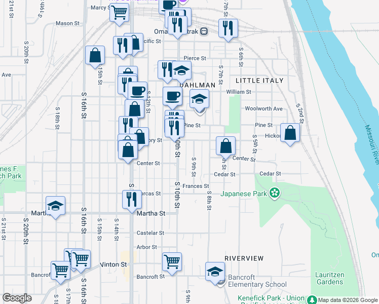 map of restaurants, bars, coffee shops, grocery stores, and more near 1705 South 9th Street in Omaha