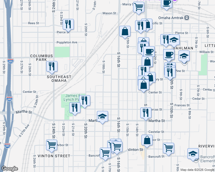 map of restaurants, bars, coffee shops, grocery stores, and more near 1718-1/2 South 17th Street in Omaha