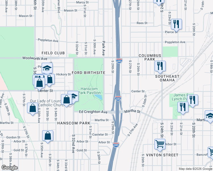map of restaurants, bars, coffee shops, grocery stores, and more near 1722 South 29th Street in Omaha