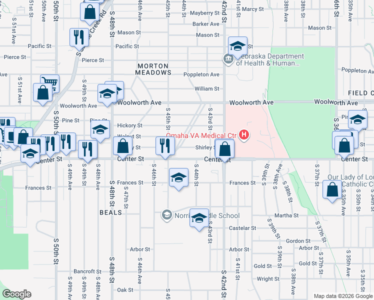 map of restaurants, bars, coffee shops, grocery stores, and more near 4340 Shirley Street in Omaha