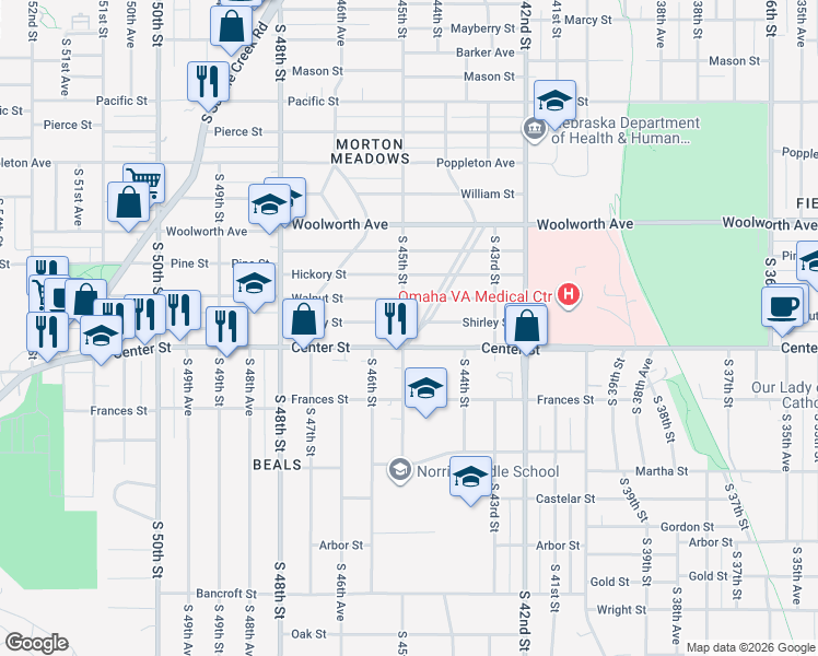 map of restaurants, bars, coffee shops, grocery stores, and more near 1815 South 45th Street in Omaha