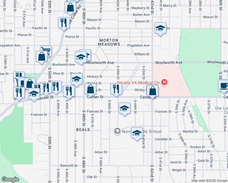 map of restaurants, bars, coffee shops, grocery stores, and more near 1815 South 45th Street in Omaha