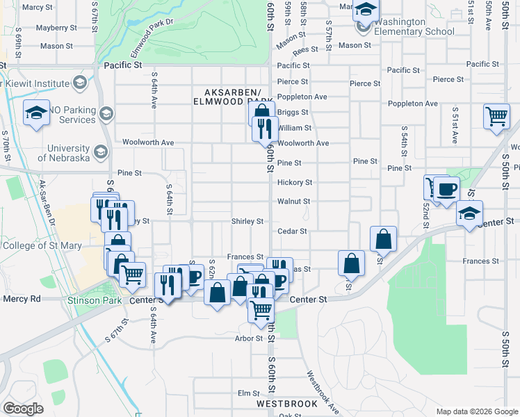 map of restaurants, bars, coffee shops, grocery stores, and more near 6028 Walnut Street in Omaha
