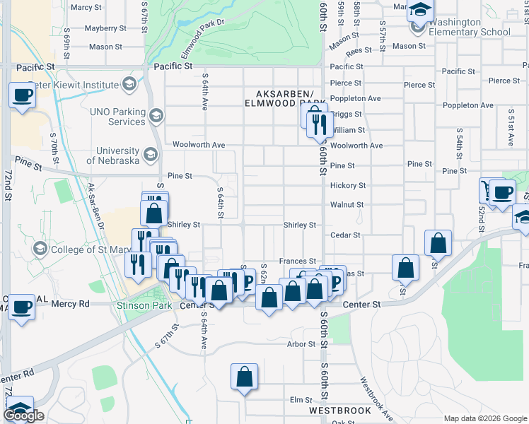 map of restaurants, bars, coffee shops, grocery stores, and more near 6192 Walnut Street in Omaha