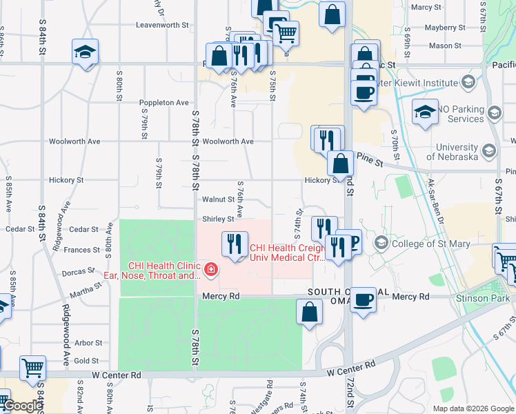 map of restaurants, bars, coffee shops, grocery stores, and more near 7525 Walnut Street in Omaha