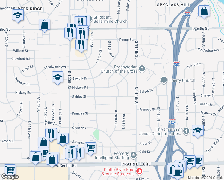map of restaurants, bars, coffee shops, grocery stores, and more near 1655 Pine Road in Omaha