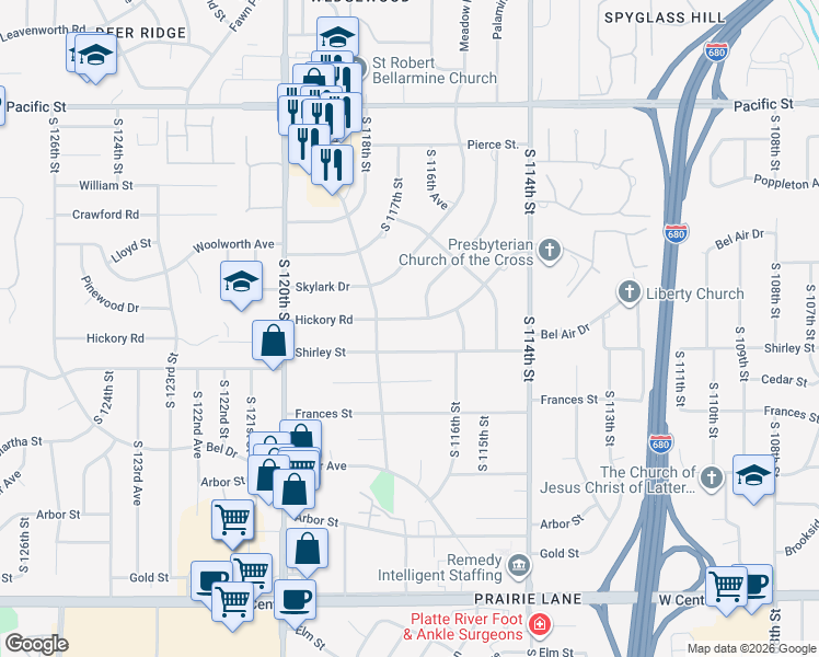 map of restaurants, bars, coffee shops, grocery stores, and more near 11718 Hickory Road in Omaha