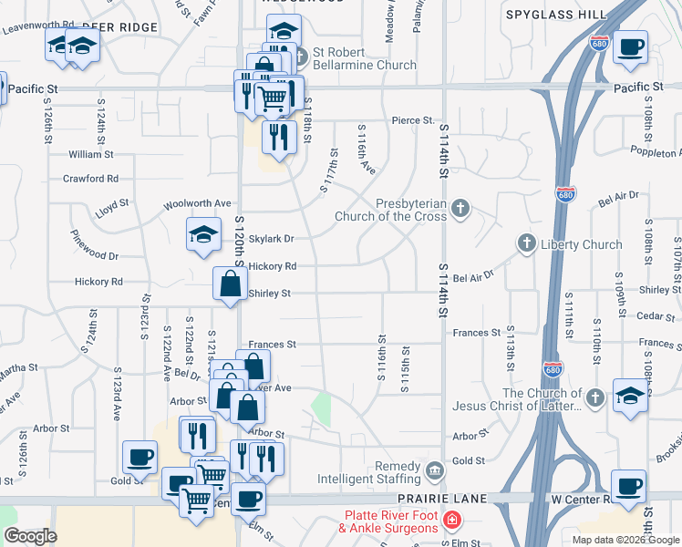 map of restaurants, bars, coffee shops, grocery stores, and more near 11718 Hickory Road in Omaha