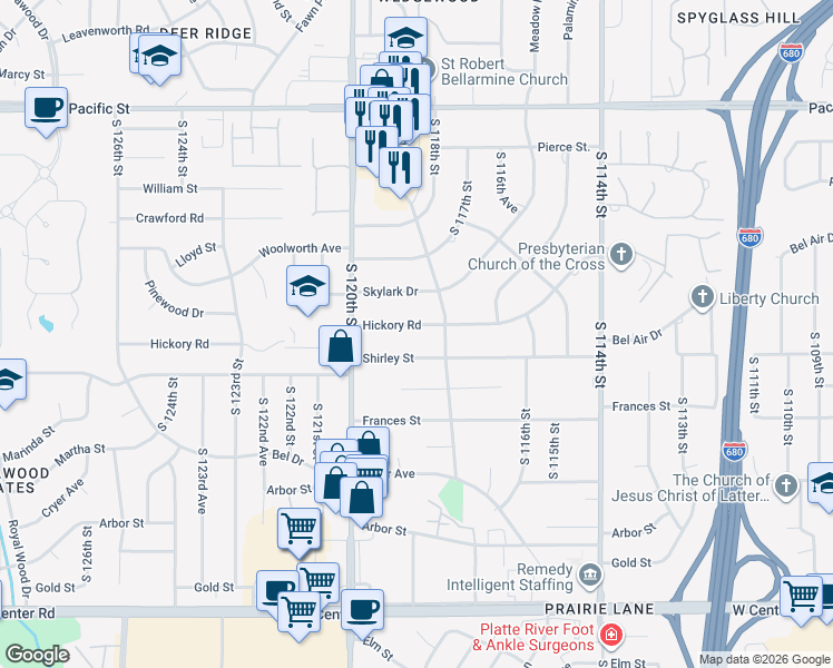 map of restaurants, bars, coffee shops, grocery stores, and more near 1618 South 118th Street in Omaha