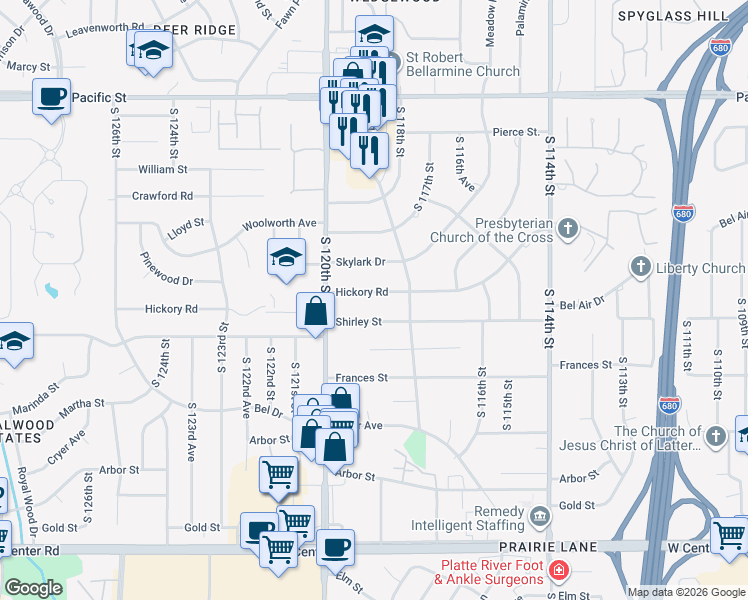 map of restaurants, bars, coffee shops, grocery stores, and more near 11902 Hickory Road in Omaha