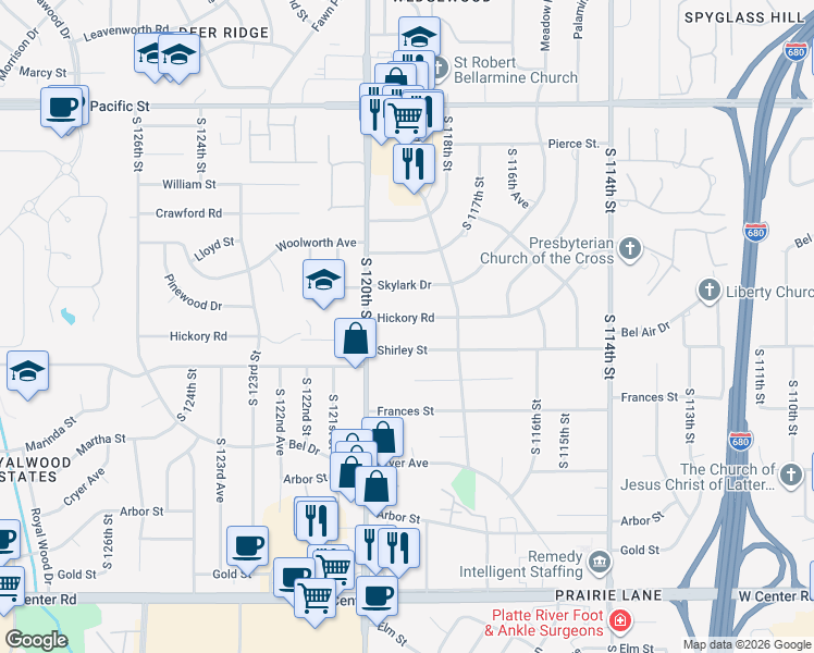 map of restaurants, bars, coffee shops, grocery stores, and more near 11902 Hickory Road in Omaha
