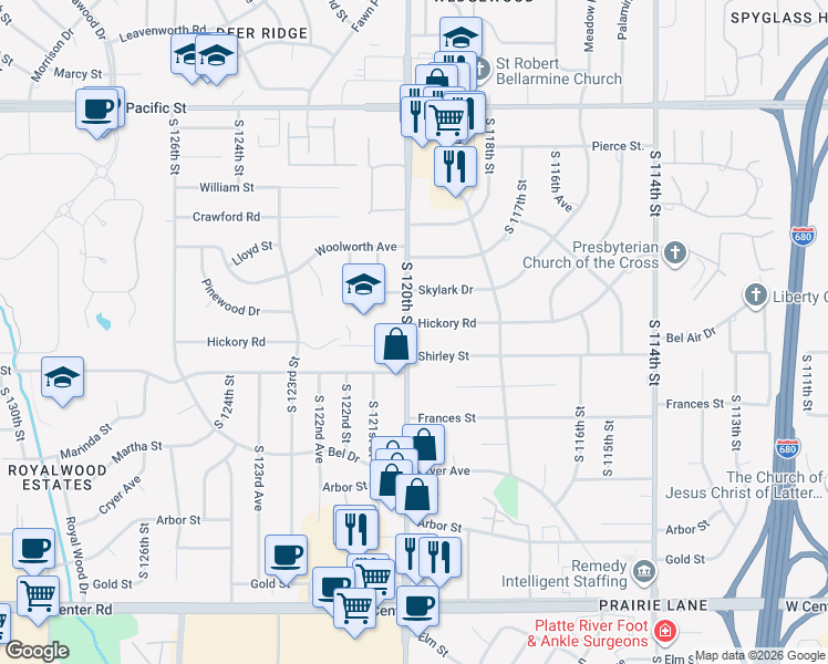 map of restaurants, bars, coffee shops, grocery stores, and more near 11934 Hickory Road in Omaha