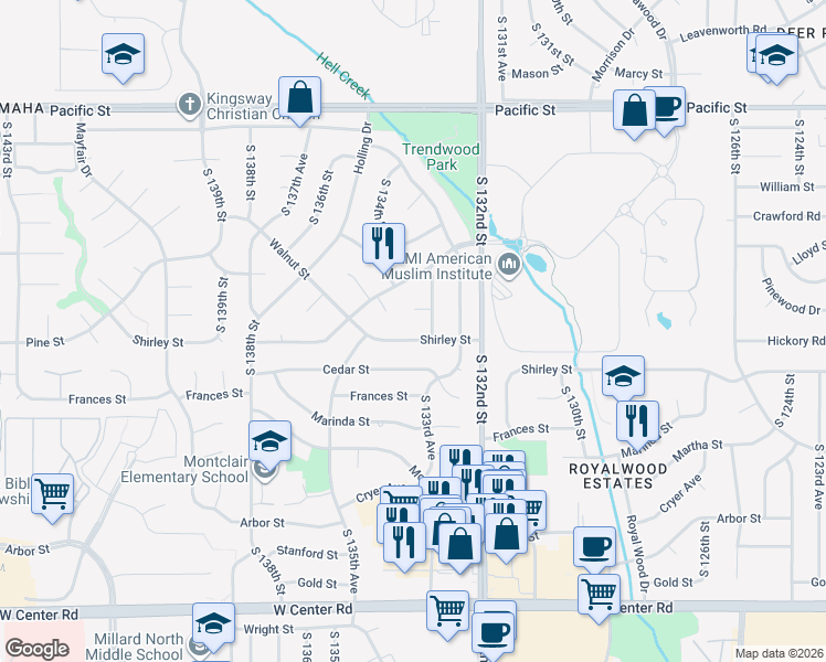 map of restaurants, bars, coffee shops, grocery stores, and more near 1812 South 133rd Avenue in Omaha