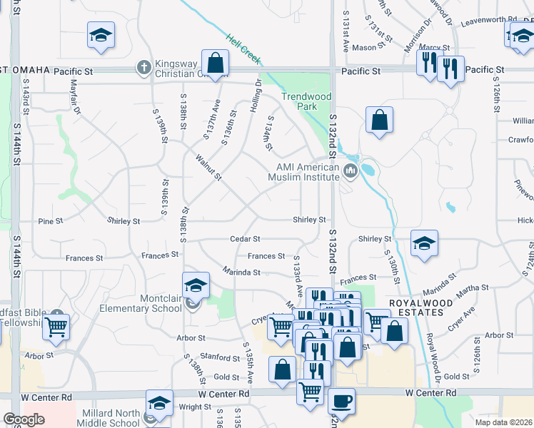 map of restaurants, bars, coffee shops, grocery stores, and more near 13405 Hickory Circle in Omaha