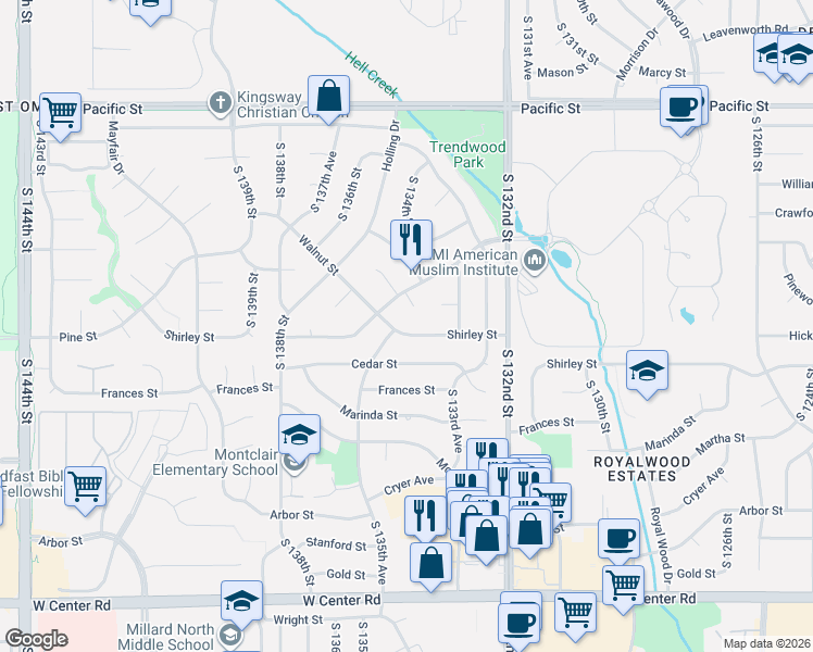 map of restaurants, bars, coffee shops, grocery stores, and more near 13405 Hickory Circle in Omaha