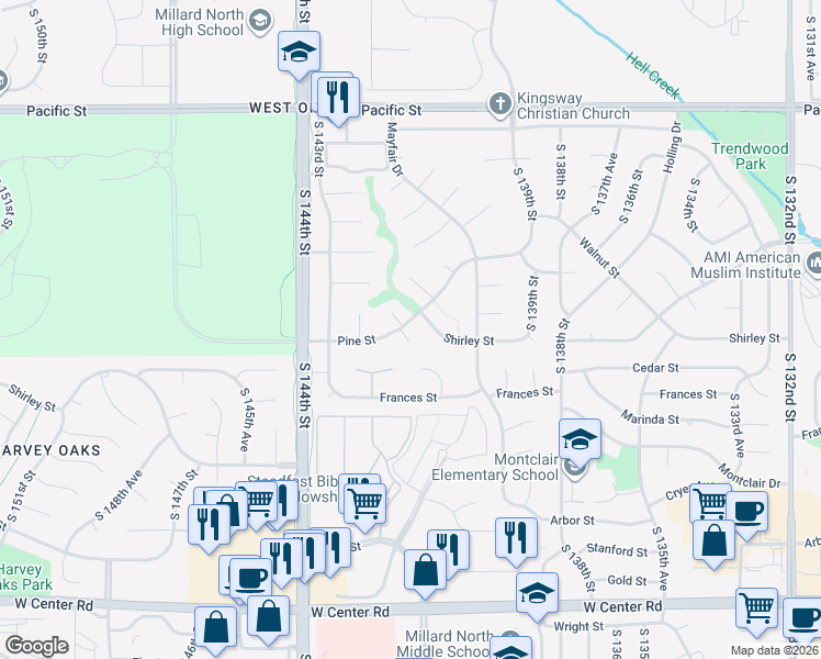 map of restaurants, bars, coffee shops, grocery stores, and more near 14134 Pine Street in Omaha