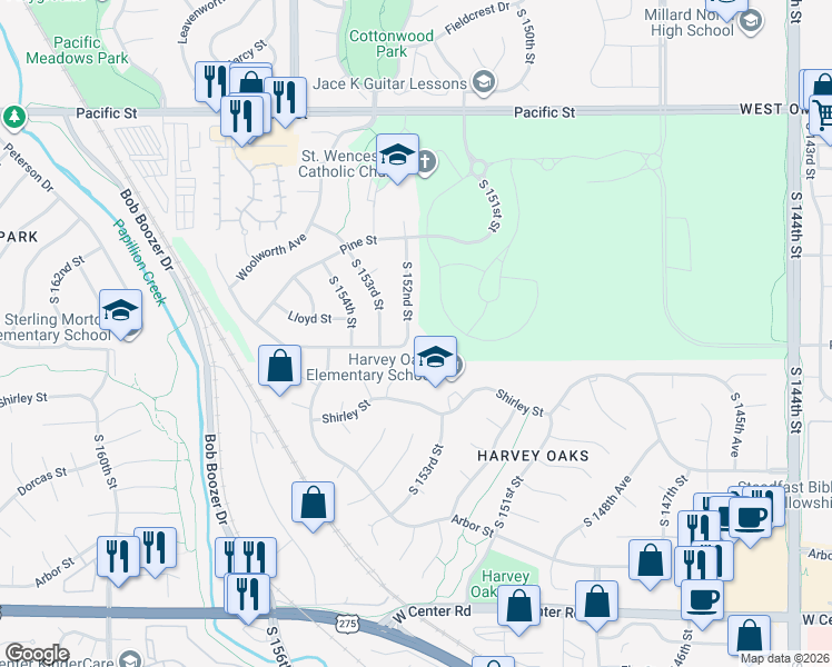 map of restaurants, bars, coffee shops, grocery stores, and more near 1665 South 152nd Street in Omaha