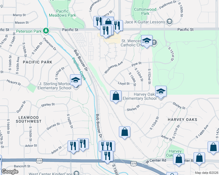 map of restaurants, bars, coffee shops, grocery stores, and more near 15724 Hickory Street in Omaha