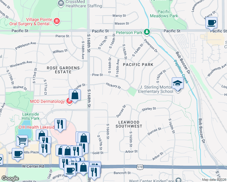 map of restaurants, bars, coffee shops, grocery stores, and more near 16611 Hickory Street in Omaha