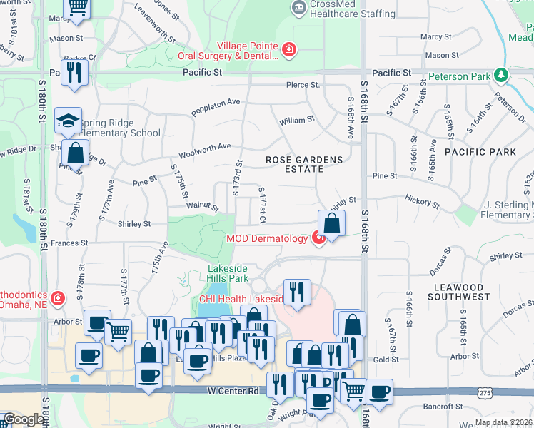 map of restaurants, bars, coffee shops, grocery stores, and more near 1810 South 171st Court in Omaha