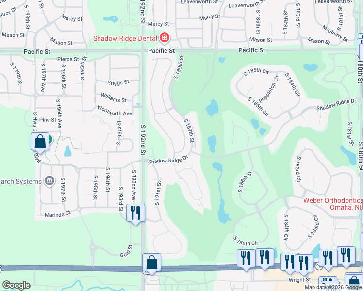 map of restaurants, bars, coffee shops, grocery stores, and more near 1713 South 189th Court in Omaha