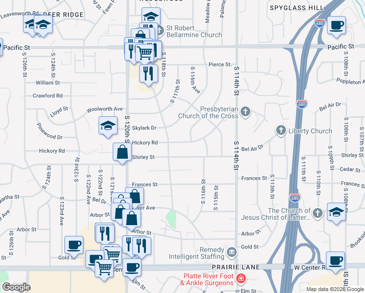 map of restaurants, bars, coffee shops, grocery stores, and more near 11718 Hickory Road in Omaha