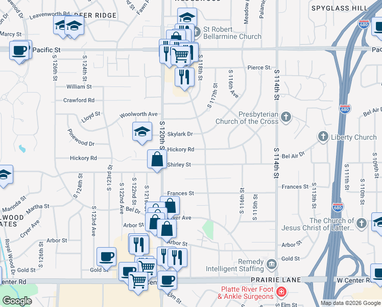map of restaurants, bars, coffee shops, grocery stores, and more near 1618 South 118th Street in Omaha