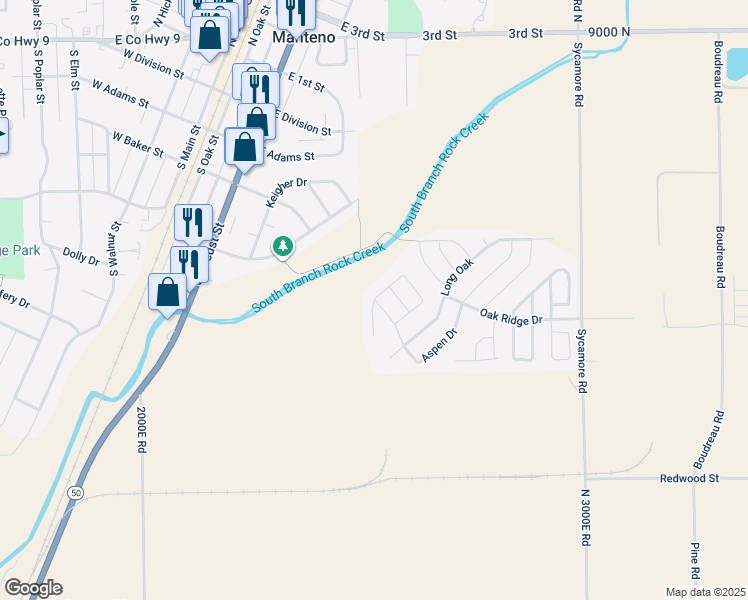 map of restaurants, bars, coffee shops, grocery stores, and more near 1103 Redbud Road in Manteno
