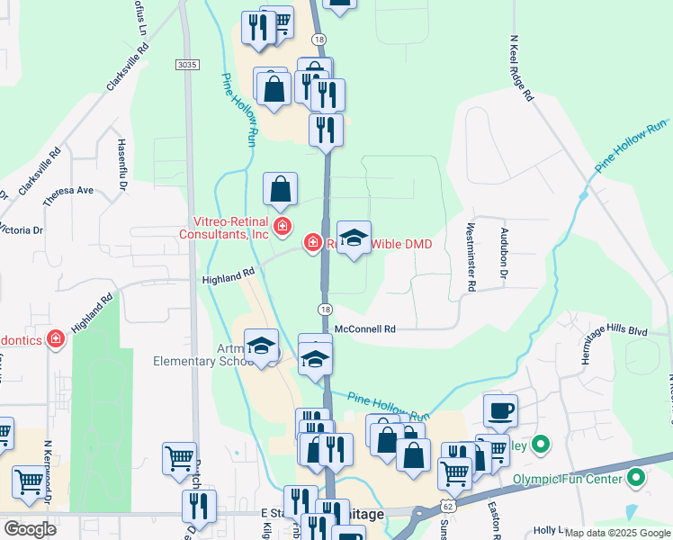 map of restaurants, bars, coffee shops, grocery stores, and more near 640 North Hermitage Road in Hermitage