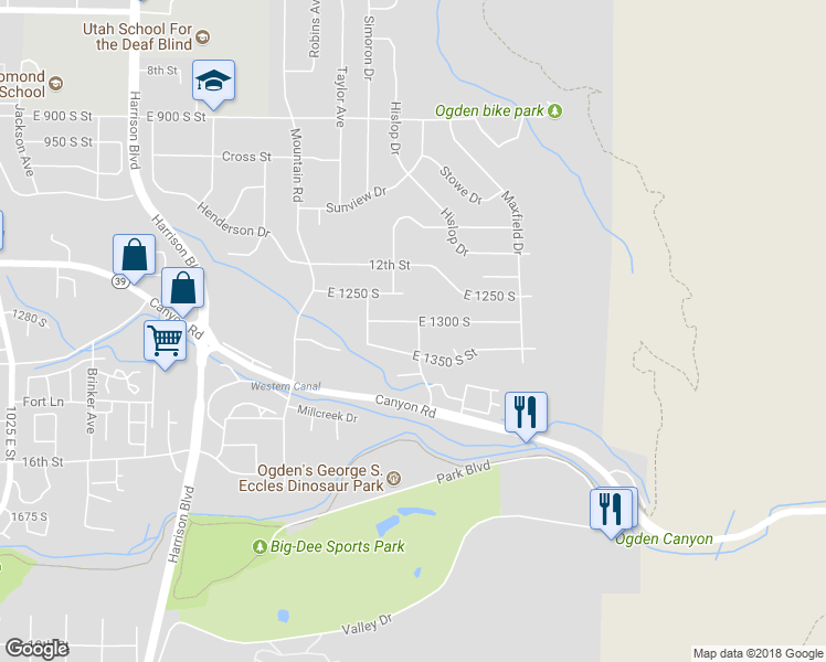 map of restaurants, bars, coffee shops, grocery stores, and more near 1587 East 1300 South in Ogden