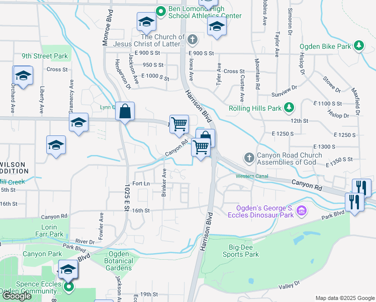 map of restaurants, bars, coffee shops, grocery stores, and more near 1175 Canyon Road in Ogden