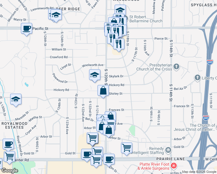 map of restaurants, bars, coffee shops, grocery stores, and more near 11934 Hickory Road in Omaha